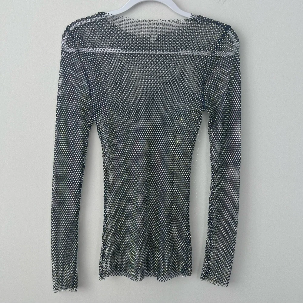 NWOT Free People Filter Finish Crystal Mesh Long Sleeve Top Blue
